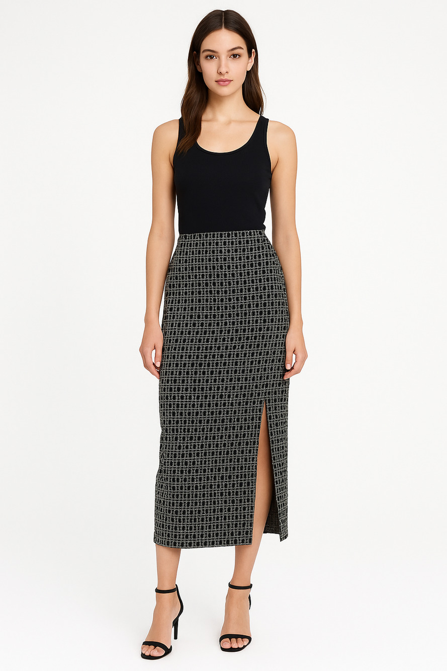 Max Studio Black White Stretchy High Waist Front Slit Pencil Skirt Sz M NWT